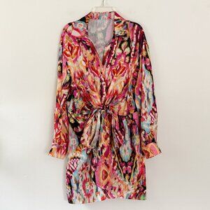 abstract allover print satin pink button down tie waist wrap dress S